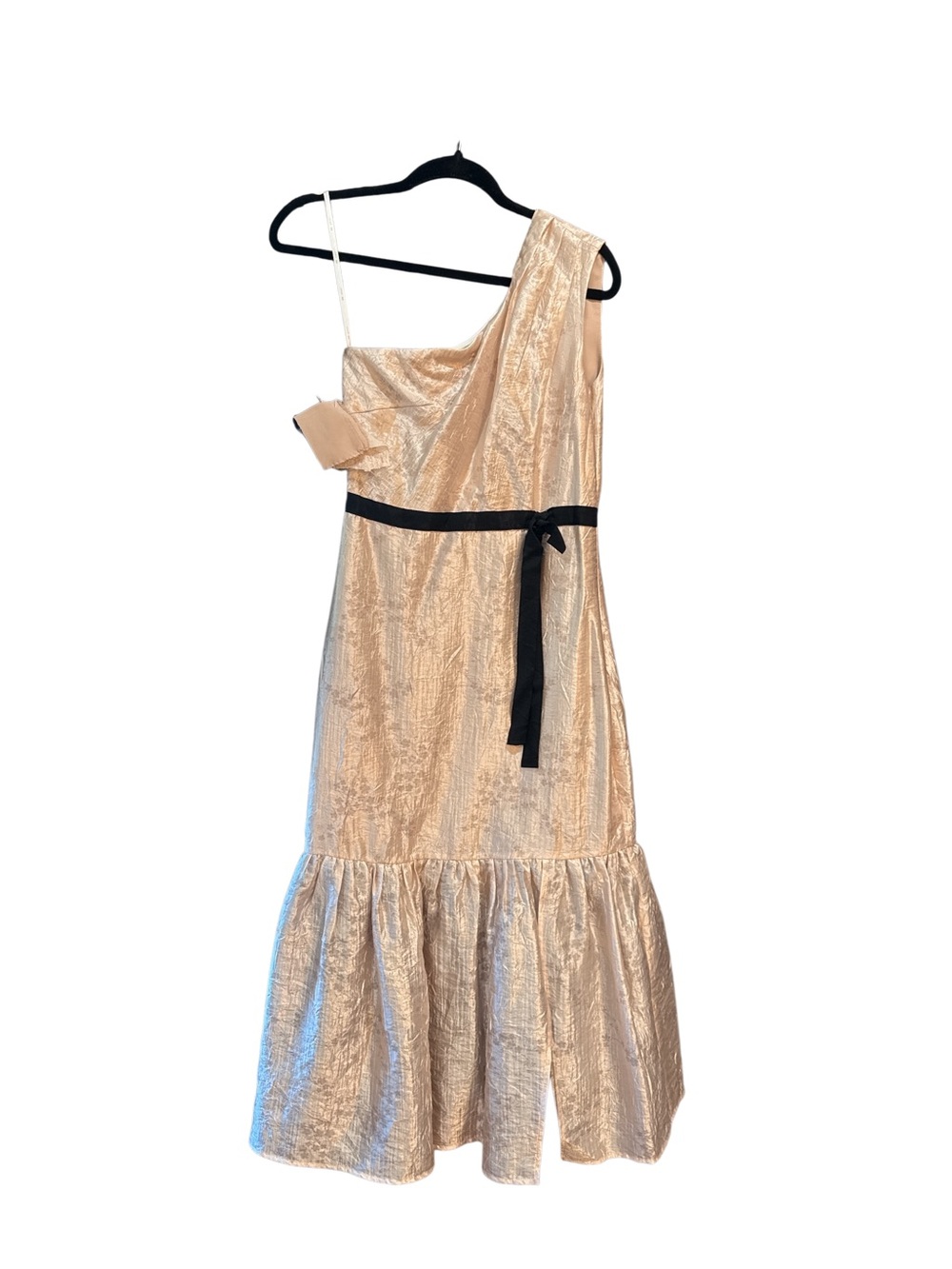 One-Shoulder Metallic Gold Dress with Black Sash